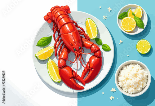 Lobster with Lemon and Rice on a Plate