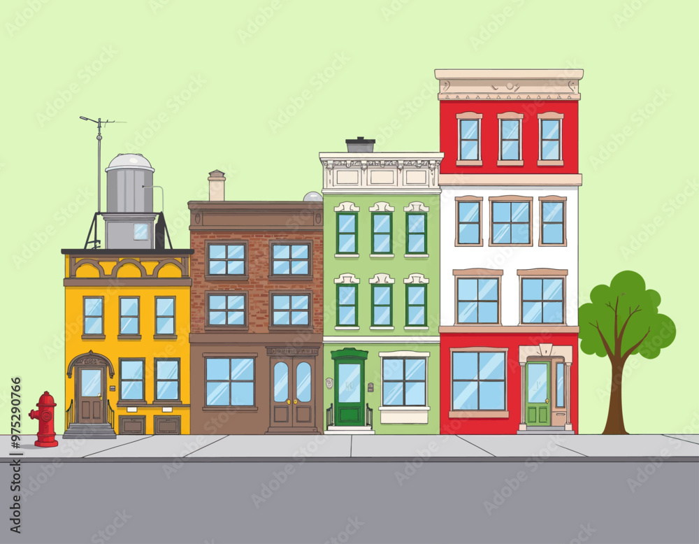 Illustrated Row of Colorful Townhouses Illustrated Row of Colorful Townhouses