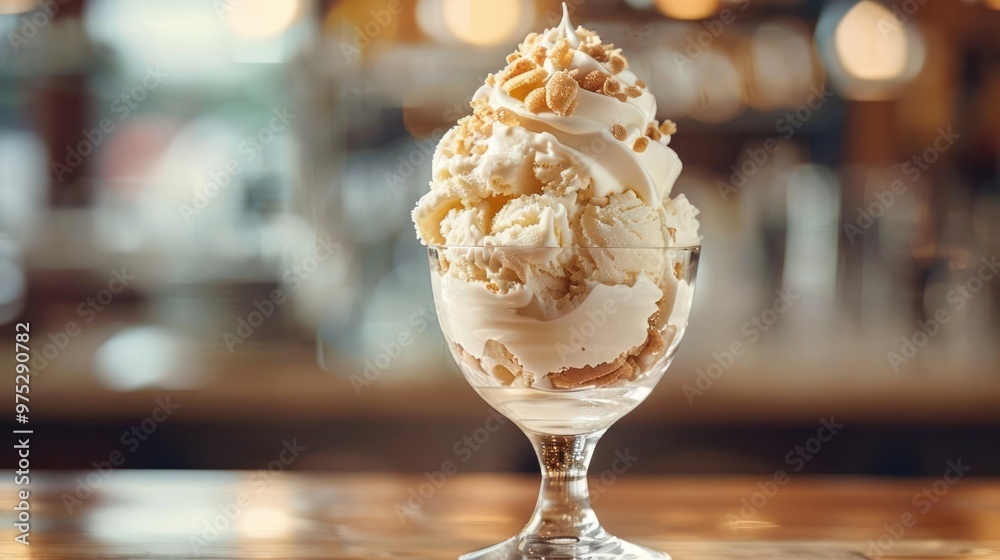 Scrumptious ice cream in a large dessert cup, topped with whipped cream and sprinkles. Scrumptious ice cream in a large dessert cup, topped with whipped cream and sprinkles.