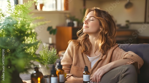 A woman using aromatherapy for stress relief and relaxation at home