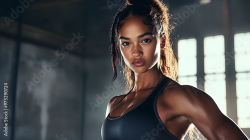 A woman in active workout gear performing a high-intensity exercise, with focused determination on her face. The background is minimal, allowing her powerful movement and athletic form to stand 