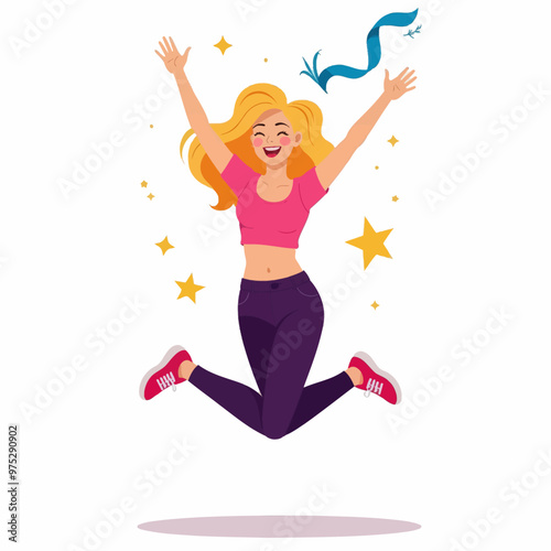 Happy Jumping Woman with Blue Ribbon