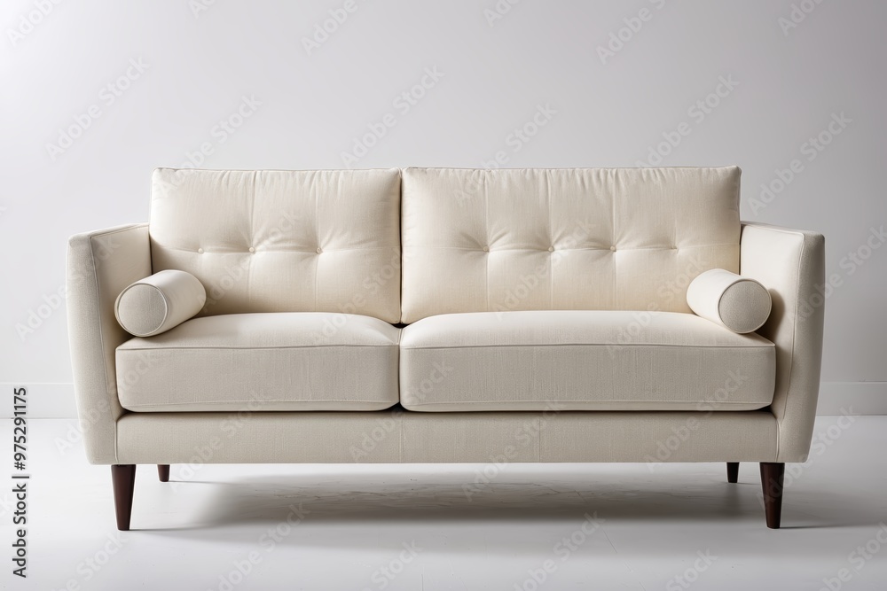 a white couch with a wooden legs and a white back a white couch with a wooden legs and a white back