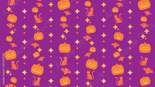 ハロウィンの時期に使えるジャックオーランタンのかわいい背景用ベクターイラスト（16：9紫）