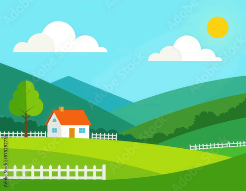 Cartoon House on Green Hill with Fence and Clouds