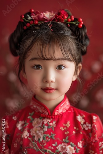 Close up photo of a little girl wearing traditional Chinese clothing