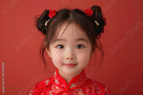 Close up photo of a little girl wearing traditional Chinese clothing