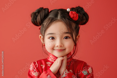 Close up photo of a little girl wearing traditional Chinese clothing