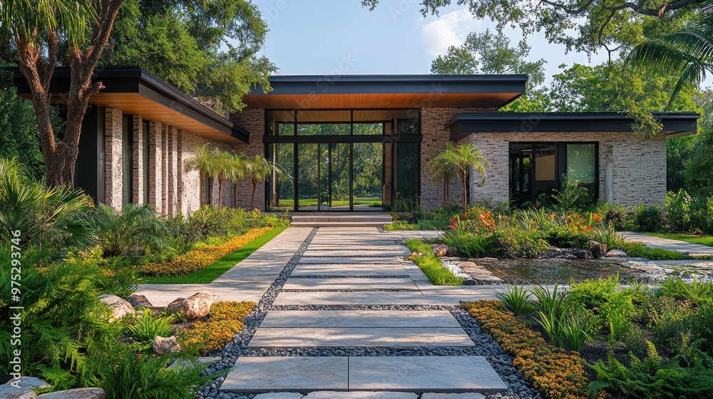 Modern home entrance with landscaped garden and pathway. Modern home entrance with landscaped garden and pathway.