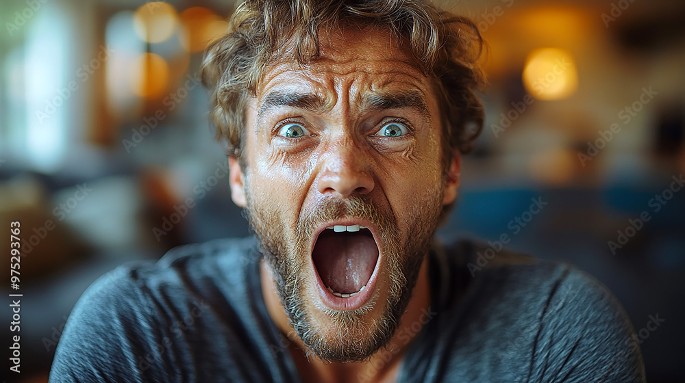 man shouting and say no, closeup photo with open mount and facial expressions of angry and stressful face   