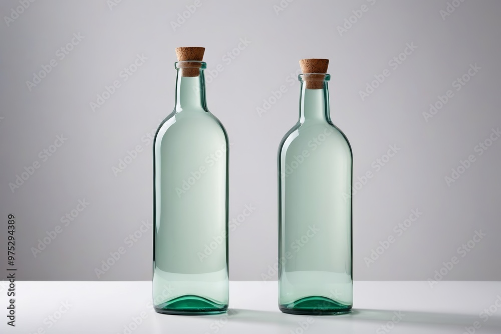 two empty green glass bottles with corks two empty green glass bottles with corks
