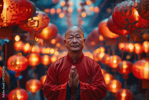 An elderly man wearing traditional Chinese clothing stands under a lantern