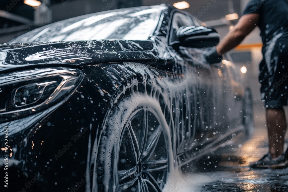 custom made wallpaper toronto digitalAutomotive detailer applying foam wash to a sleek black car in a professional car wash facility