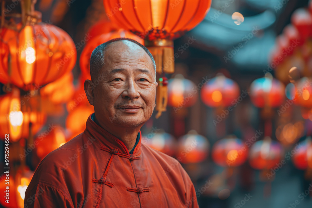 An elderly man wearing traditional Chinese clothing stands under a lantern An elderly man wearing traditional Chinese clothing stands under a lantern