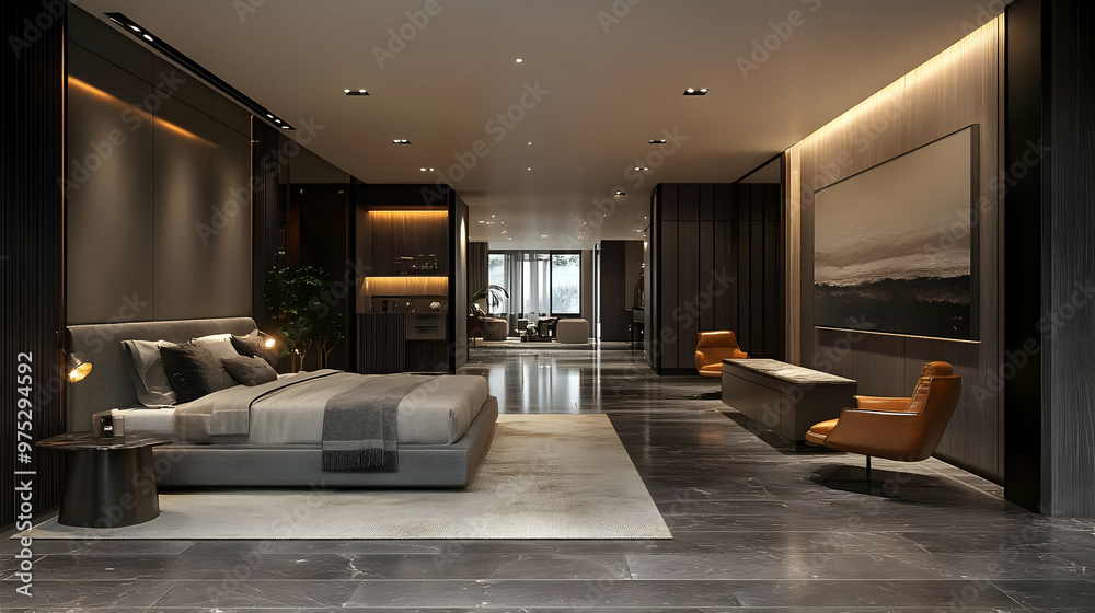 Modern bedroom interior with a king-size bed, nightstand, rug, and two armchairs. Modern bedroom interior with a king-size bed, nightstand, rug, and two armchairs.