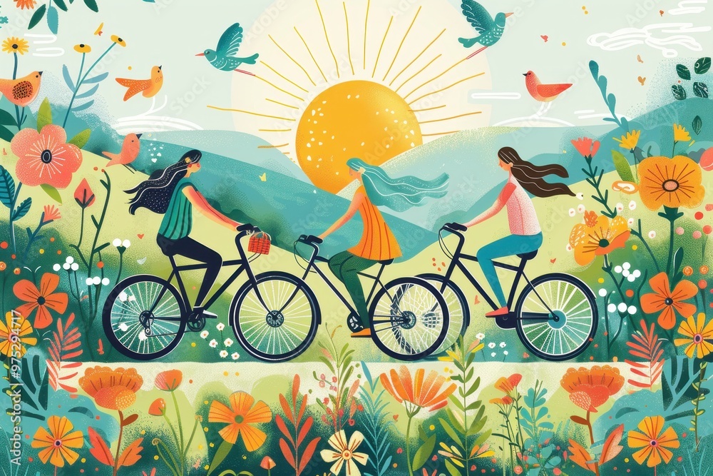 Fototapeta premium Three women are riding bicycles in a field of flowers