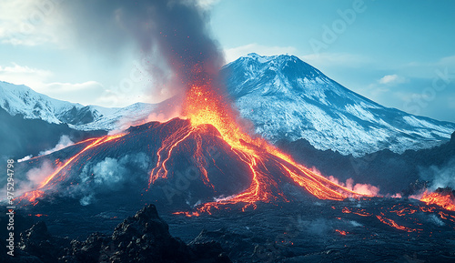 Photo of an erupting volcano in Etna, lava flowing down the side of the mountain