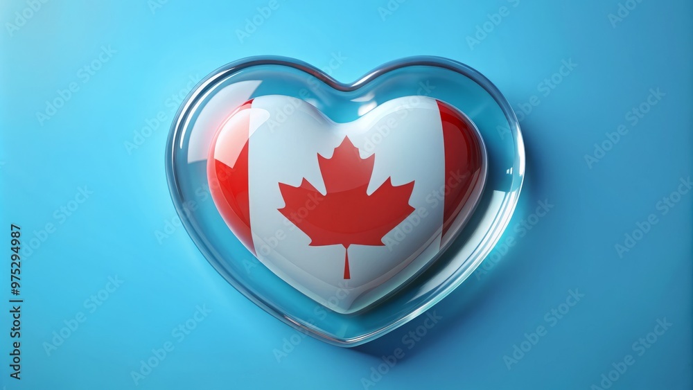 A gleaming heart, shaped like Canada, radiates kindness on a canvas of serene blue and crystalline white. A gleaming heart, shaped like Canada, radiates kindness on a canvas of serene blue and crystalline white.