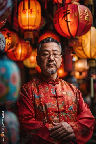 An elderly man wearing traditional Chinese clothing stands under a lantern