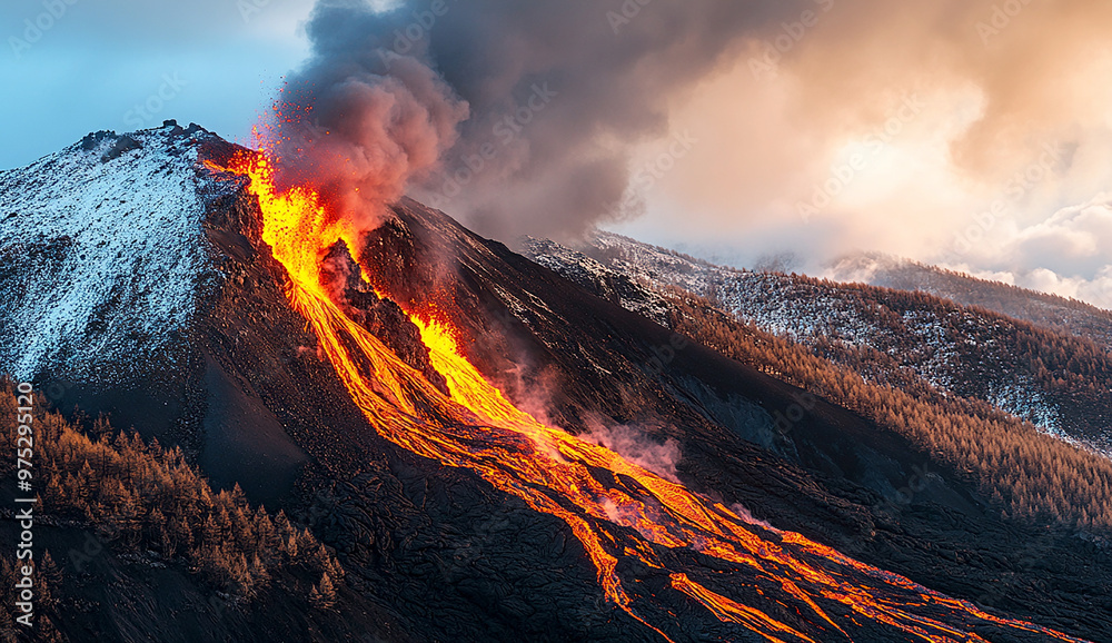 Fototapeta premium Photo of an erupting volcano in Etna, lava flowing down the side of the mountain