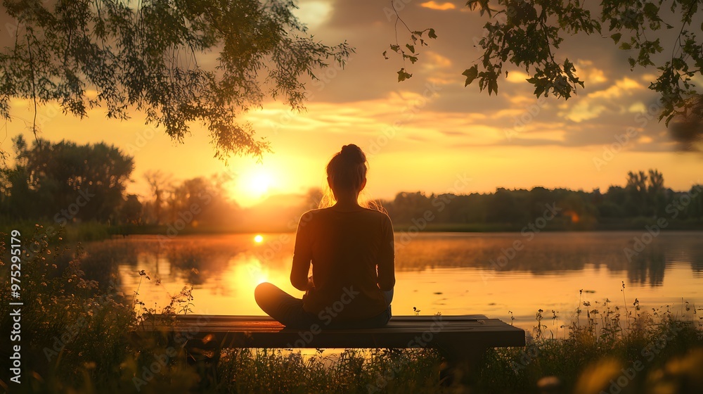 A woman sitting quietly on a bench by a pond practicing mindfulness at sunset A woman sitting quietly on a bench by a pond practicing mindfulness at sunset