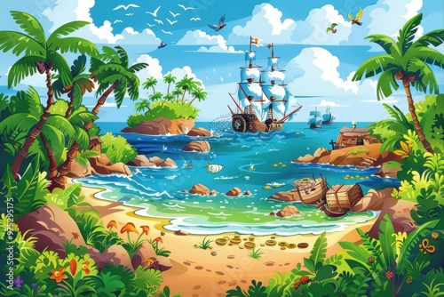 A tropical beach scene with a large ship sailing in the distance