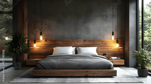 Modern bedroom interior with a wooden bed, concrete wall, large windows, and plants.