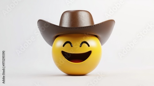 Yellow emoji with a big smile wearing a brown cowboy hat. photo