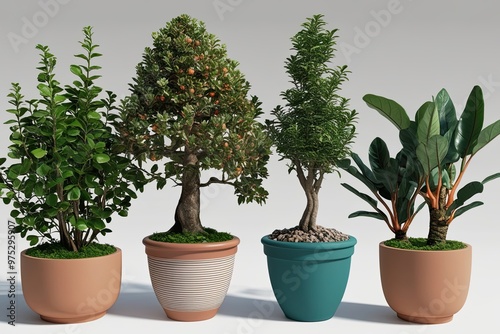 3D Illustration of Exotic Potted Plants Guiana Chestnut Bonsai and Ficus Alii on White Background photo