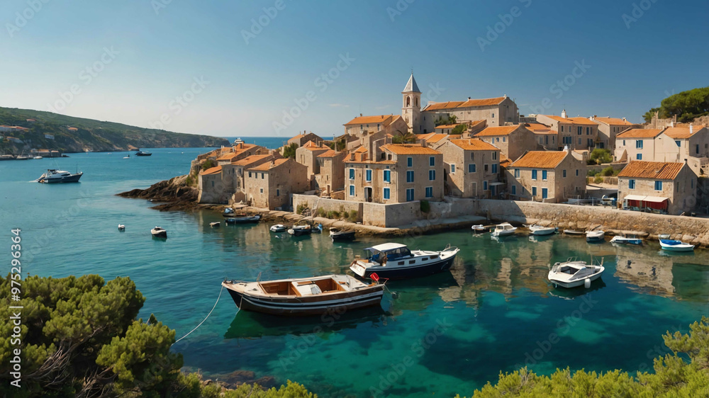 Charming coastal village with old stone houses and a quiet harbor Charming coastal village with old stone houses and a quiet harbor