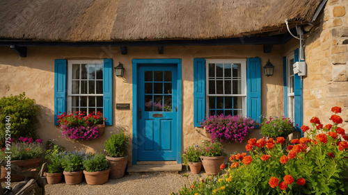 Charming country inn with flower filled window boxes and a thatched roof photo