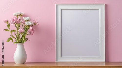 White picture frame mockup on a pink wall with flowers in a vase.