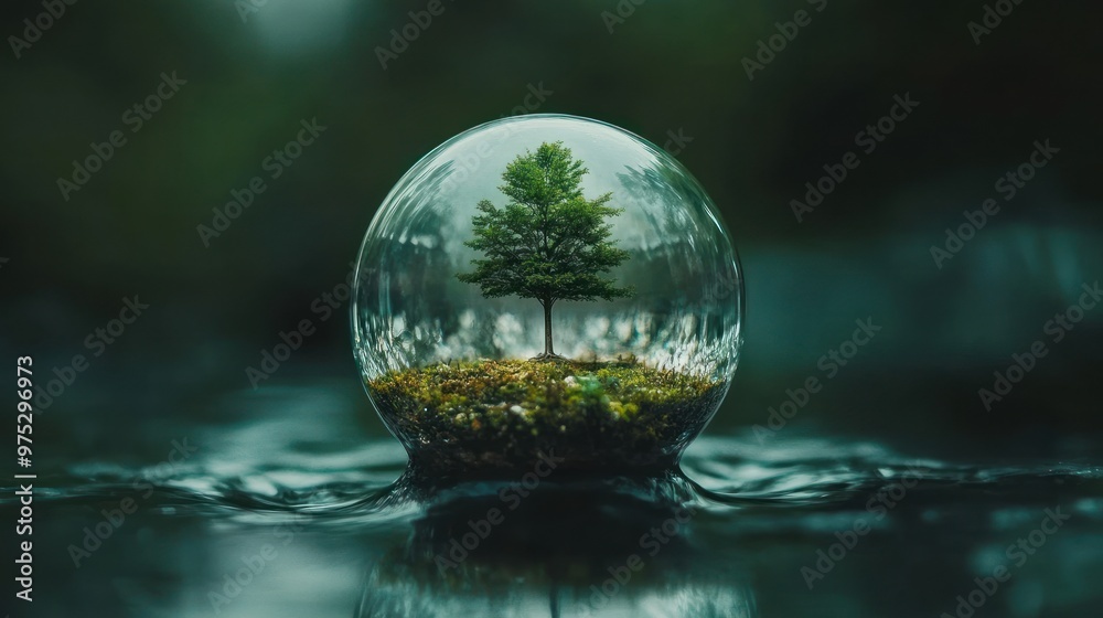 A small tree in a glass bubble rests on a rippling water surface. A small tree in a glass bubble rests on a rippling water surface.