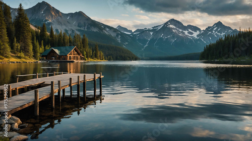 Cozy lakeside cabin with a wooden dock and views of distant mountains