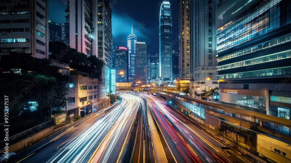 Fototapeta premium Night cityscape with a highway and light trails.