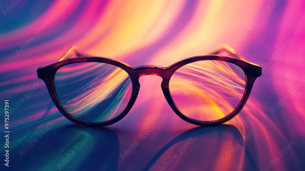 Closeup of glasses reflecting colorful, abstract light streaks. Closeup of glasses reflecting colorful, abstract light streaks.