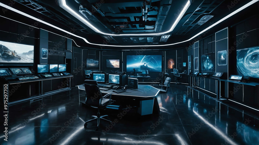 Fototapeta premium Futuristic digital media studio with immersive visual effects and interactive screens