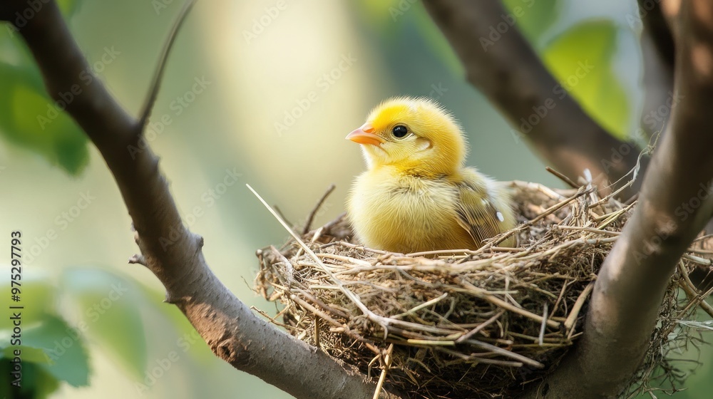 A young yellow bird sitting in a nest on a tree branch. A young yellow bird sitting in a nest on a tree branch.