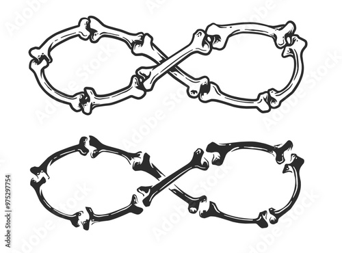 set of infinite bone symbol hand drawn tattoo. Infinity skull doodle isolated white background vector illustration.