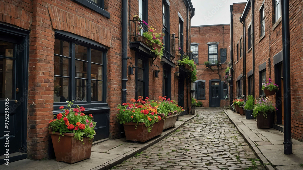 Fototapeta premium Historic city alley with old brick buildings and hanging flower baskets