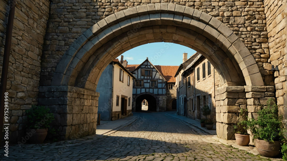 Historic stone archway leading into a quaint village square Historic stone archway leading into a quaint village square