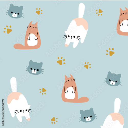 Seamless pattern with cute colorful Cats. Funny pet charactes Hand drawn vector illustration. Good for fabric, textile photo