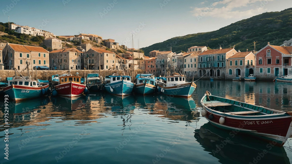 Fototapeta premium Quiet fishing harbor with traditional boats moored in calm waters