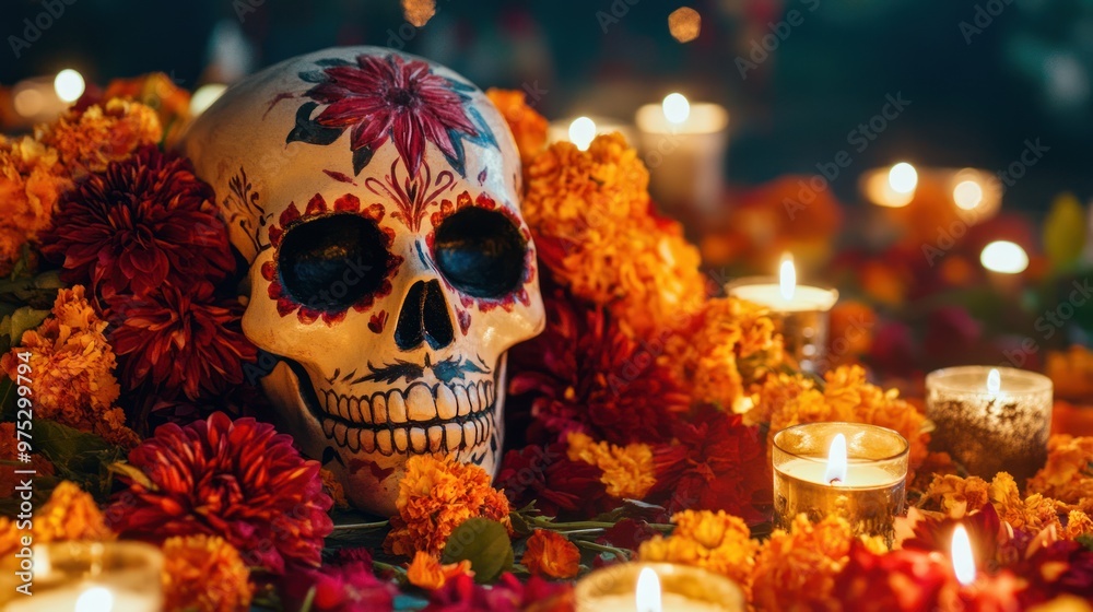 A painted sugar skull, surrounded by marigolds and lit candles, sits on a table for a D?a de Muertos celebration. A painted sugar skull, surrounded by marigolds and lit candles, sits on a table for a D?a de Muertos celebration.