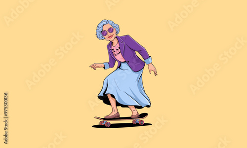 Stylish elderly woman skateboarding confidently.