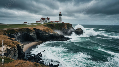 Scenic coastal cliff with crashing waves and a lighthouse in the distance