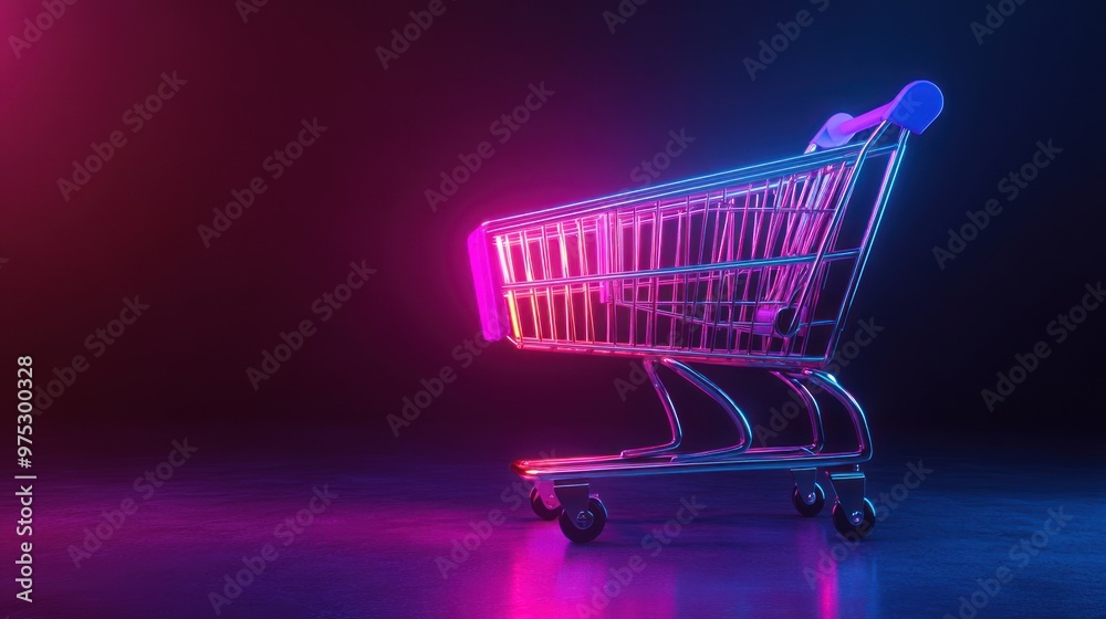Empty shopping cart with glowing neon light on a dark background. Empty shopping cart with glowing neon light on a dark background.