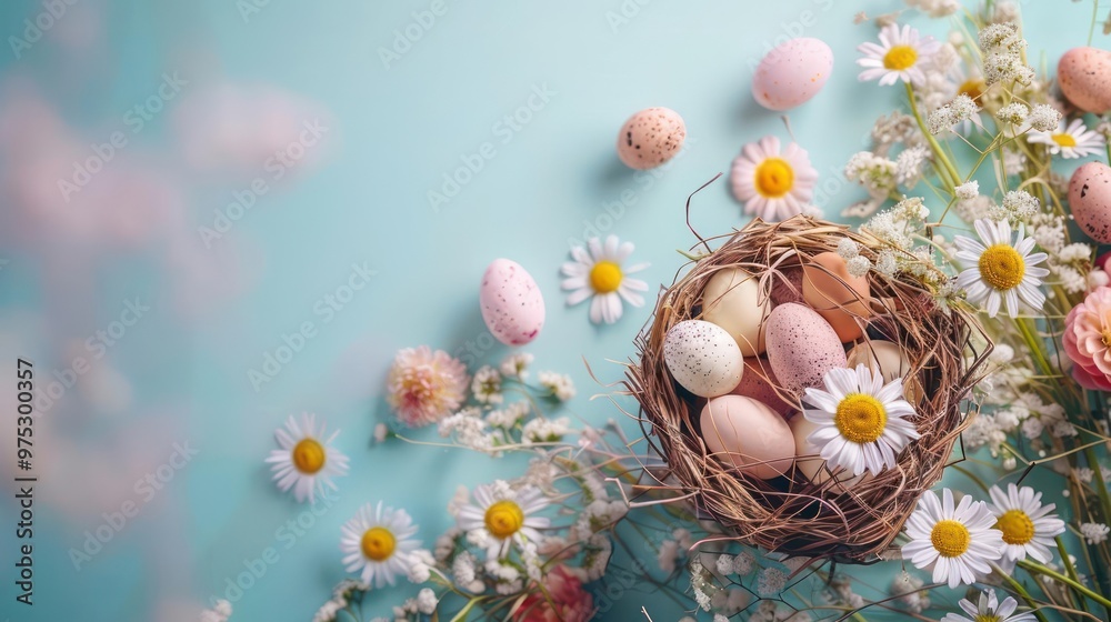 A vibrant Easter basket filled with colorful eggs surrounded by flowers and grass. A vibrant Easter basket filled with colorful eggs surrounded by flowers and grass.