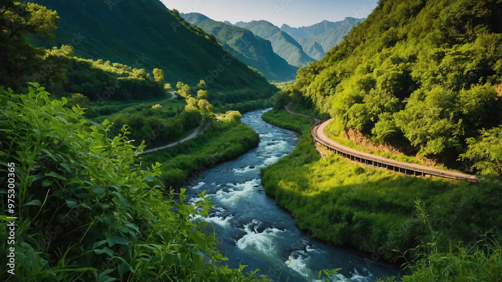 Scenic river valley with lush greenery and a winding path Scenic river valley with lush greenery and a winding path