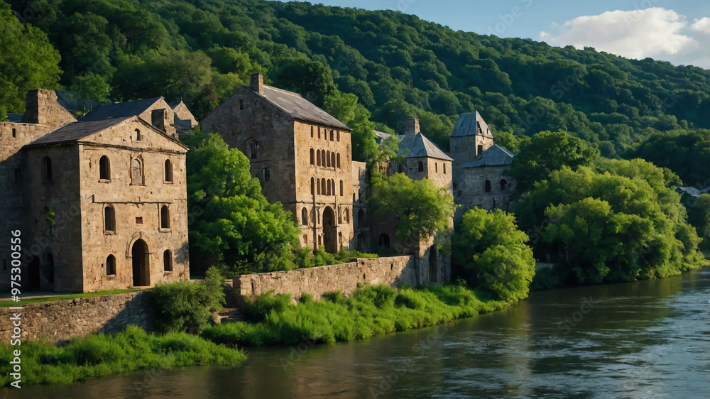 Scenic riverfront with old stone buildings and lush greenery Scenic riverfront with old stone buildings and lush greenery